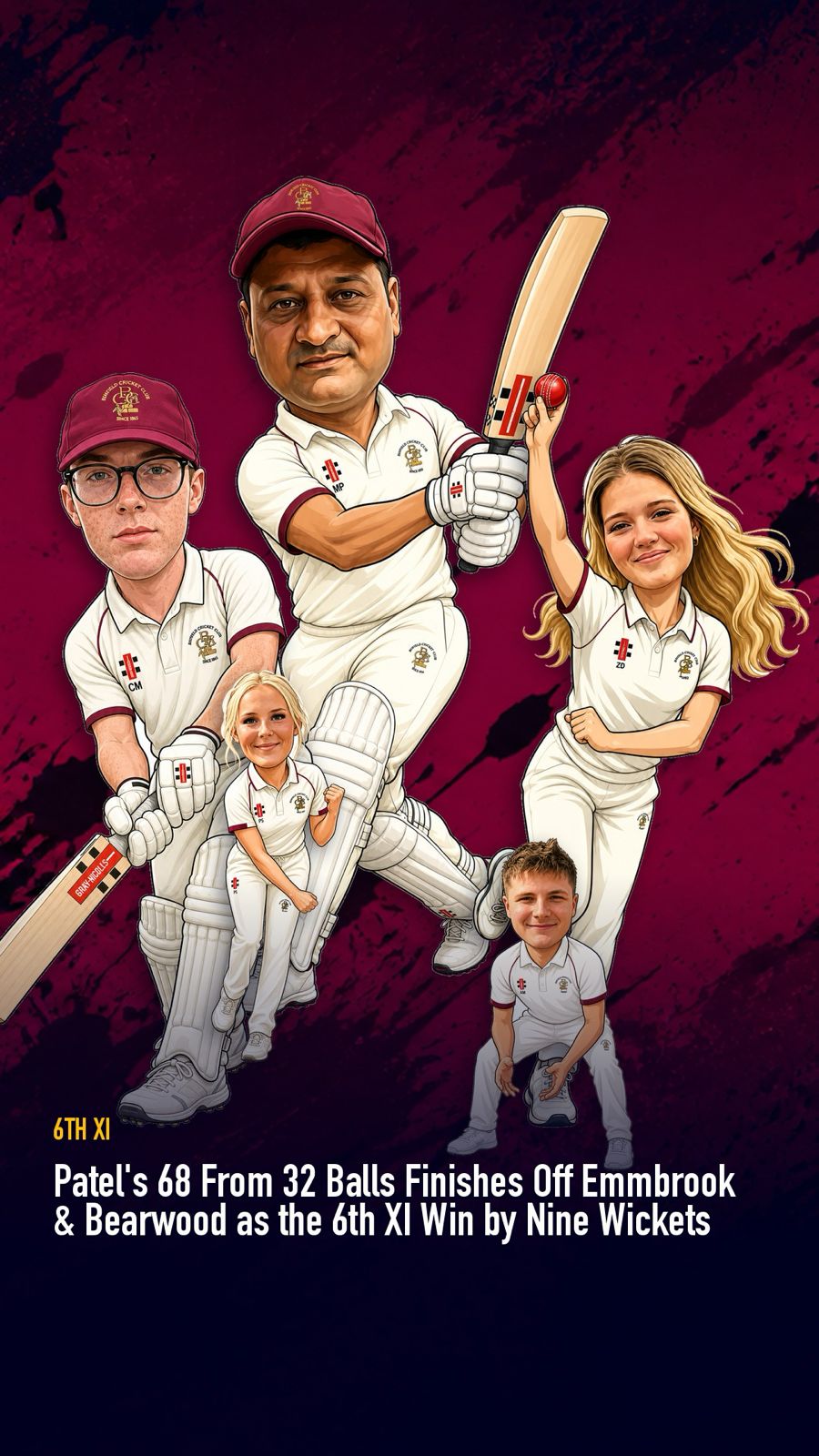 Binfield Cricket Club 6th XI matchday graphic with caricature players in club whites and a headline about a nine-wicket win over Emmbrook and Bearwood