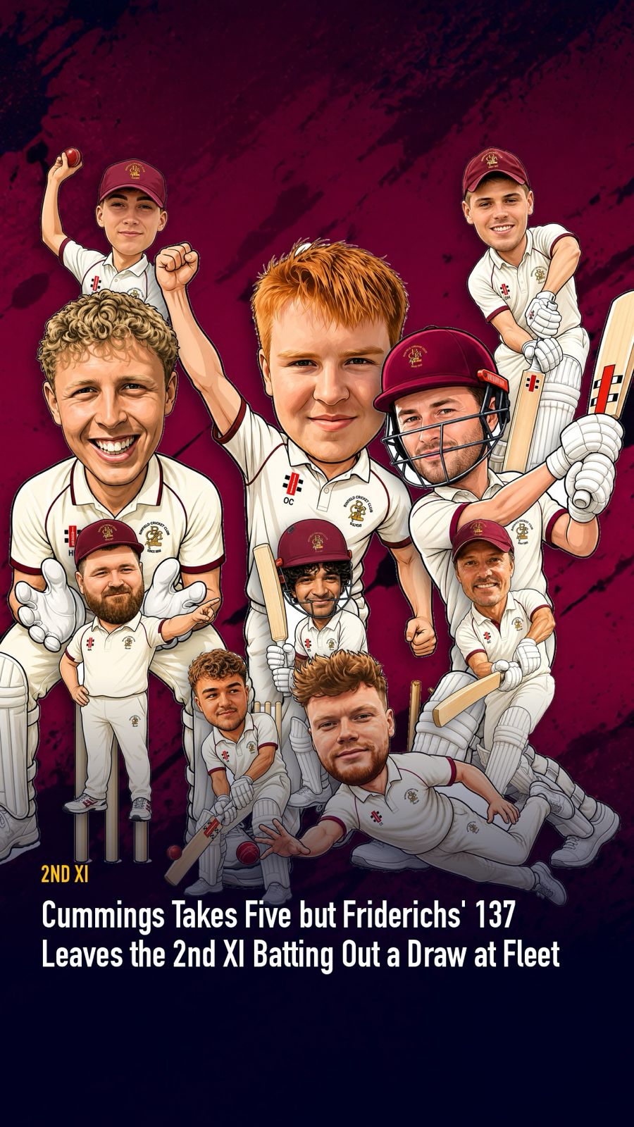 Binfield Cricket Club 2nd XI matchday graphic with caricature players in club whites and a headline about the draw at Fleet