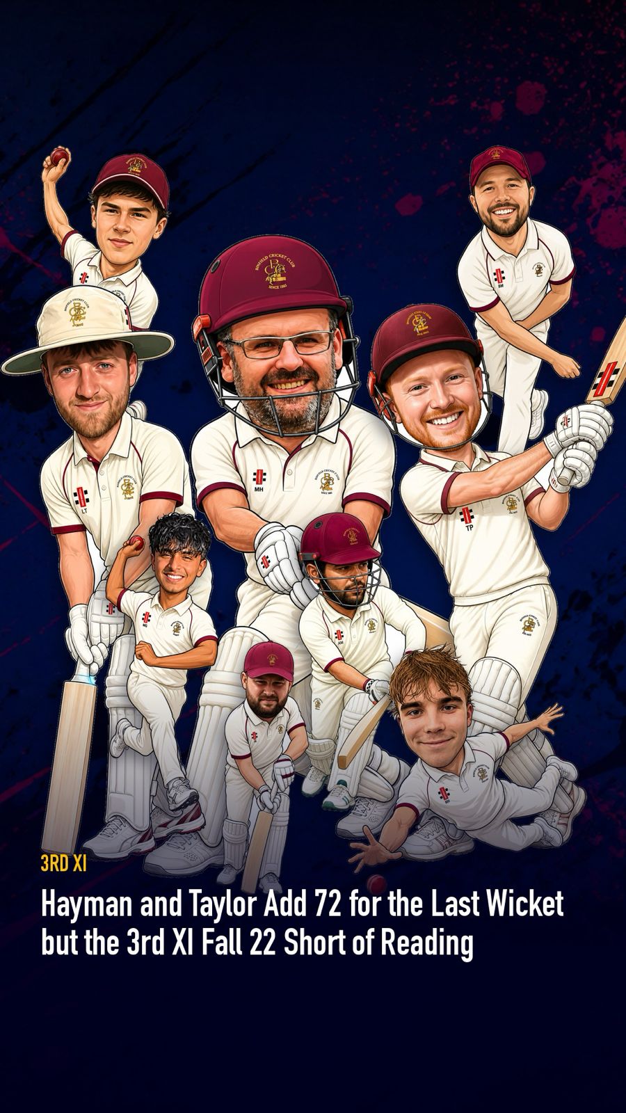 Binfield Cricket Club 3rd XI matchday graphic on a navy background with caricature batters and bowlers and a headline about falling short at Reading