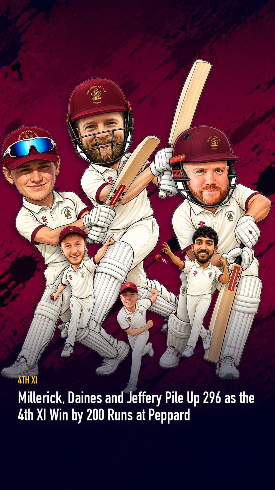 Binfield Cricket Club 4th XI matchday graphic with caricature batters in claret helmets and a headline about the 200 run win at Peppard